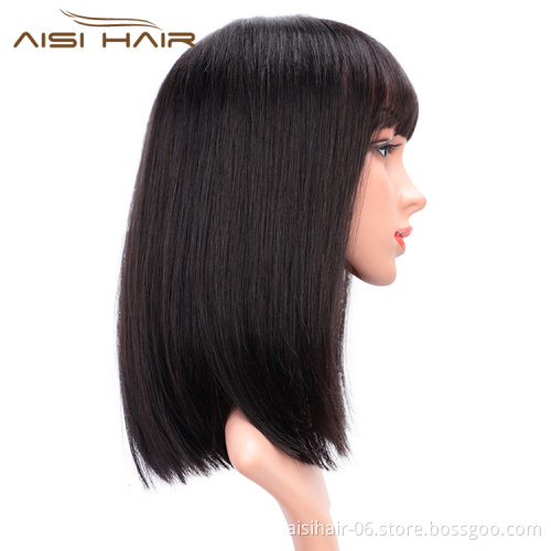 Aisi Hair 14 Inch Black Short Bob Human Hair Wig 100% Brazilian Silky Straight Human Hair Silk Base Wigs For White Black Women
